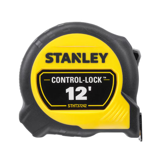 A yellow and black STANLEY 12 ft. CONTROL-LOCK™ Tape Measure is shown partially extended on a white background, showcasing its durable design and prominently featuring the brand name.